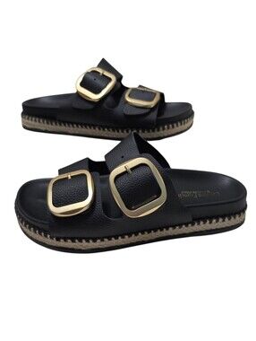 Cristina Francini Leather Women Double Adjustable Buckle Strap Black Sandals 6.5
